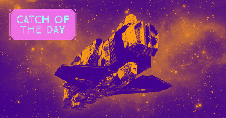 A spaceship by a yellow nebula.